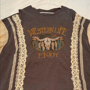 SHEIN Gray Western Life Top with Cream Lace